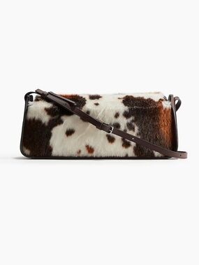 Cowhide-Print Crossbody Bag in Brown and White with Dark Brown Strap